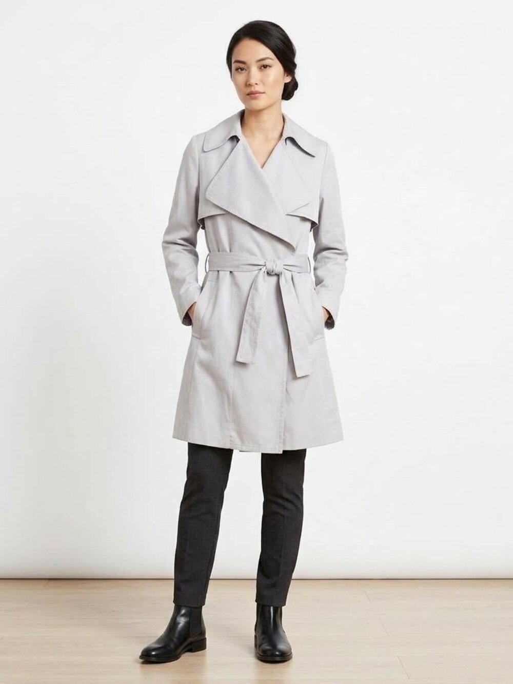 Club Monaco Women Sz M Grey Lyocell Soft Draped Trench Coat Belted Open Front